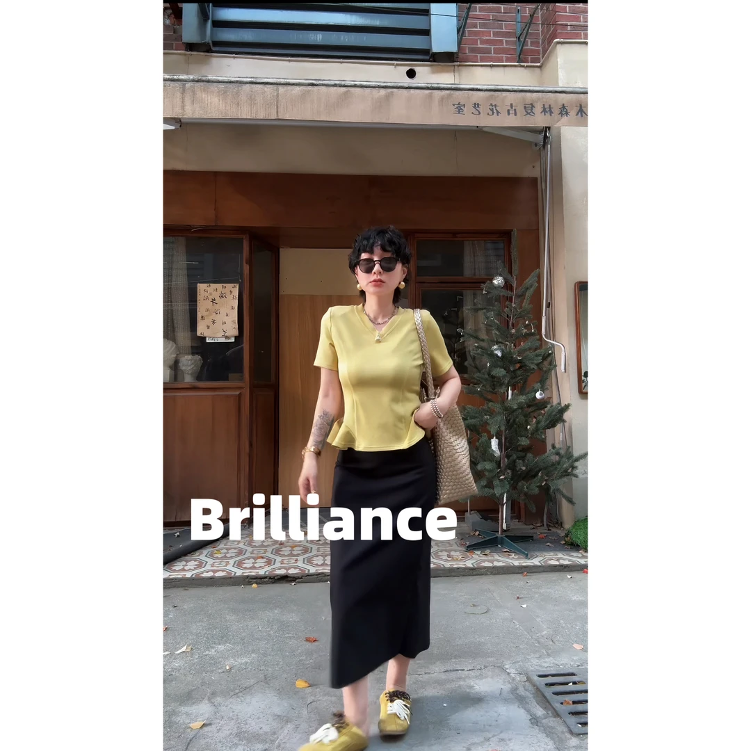 Brilliance 夏季短袖纯色时尚慵懒型V领荷叶边T恤
