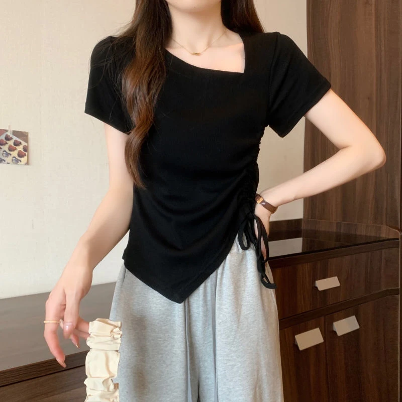 不规则辣妹修身显瘦上衣短款纯欲慵懒风女装2025新款夏季短袖t恤