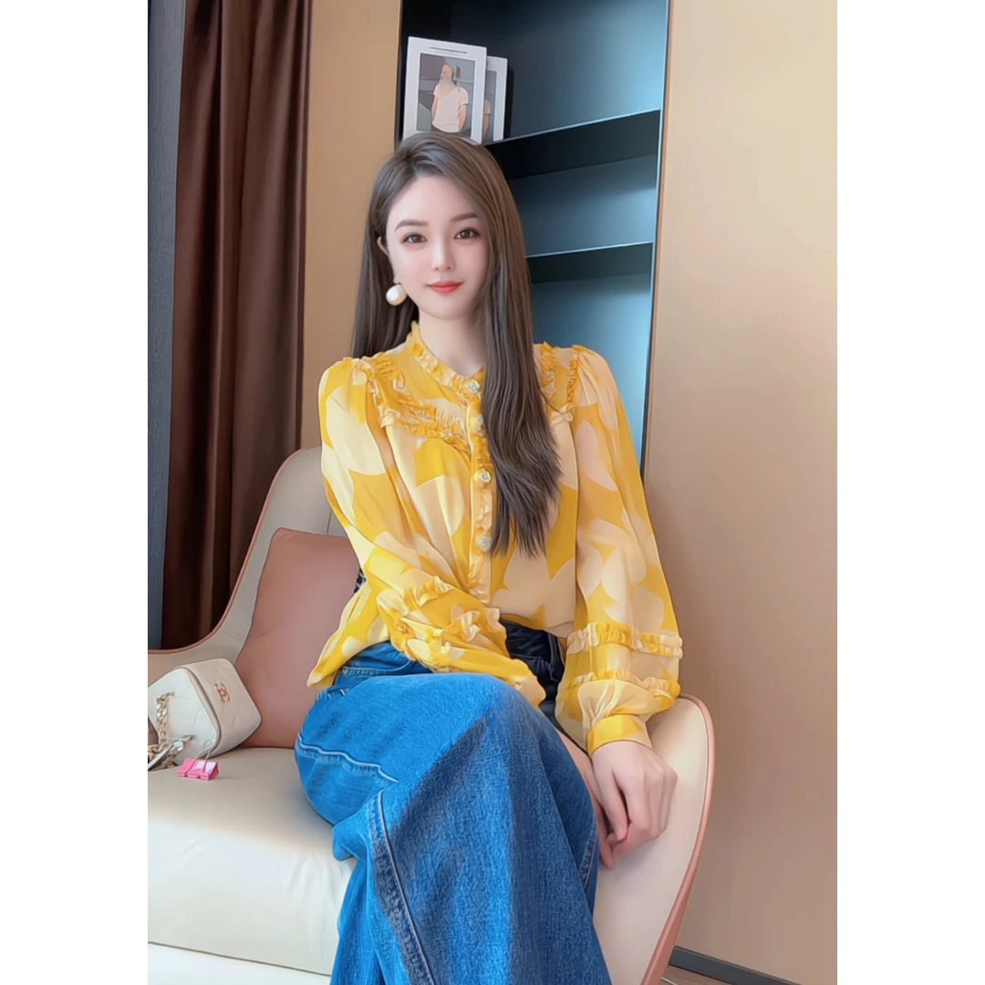 【深圳米熙儿】桑蚕丝蝴蝶印花木耳边衬衣衬衫Y222