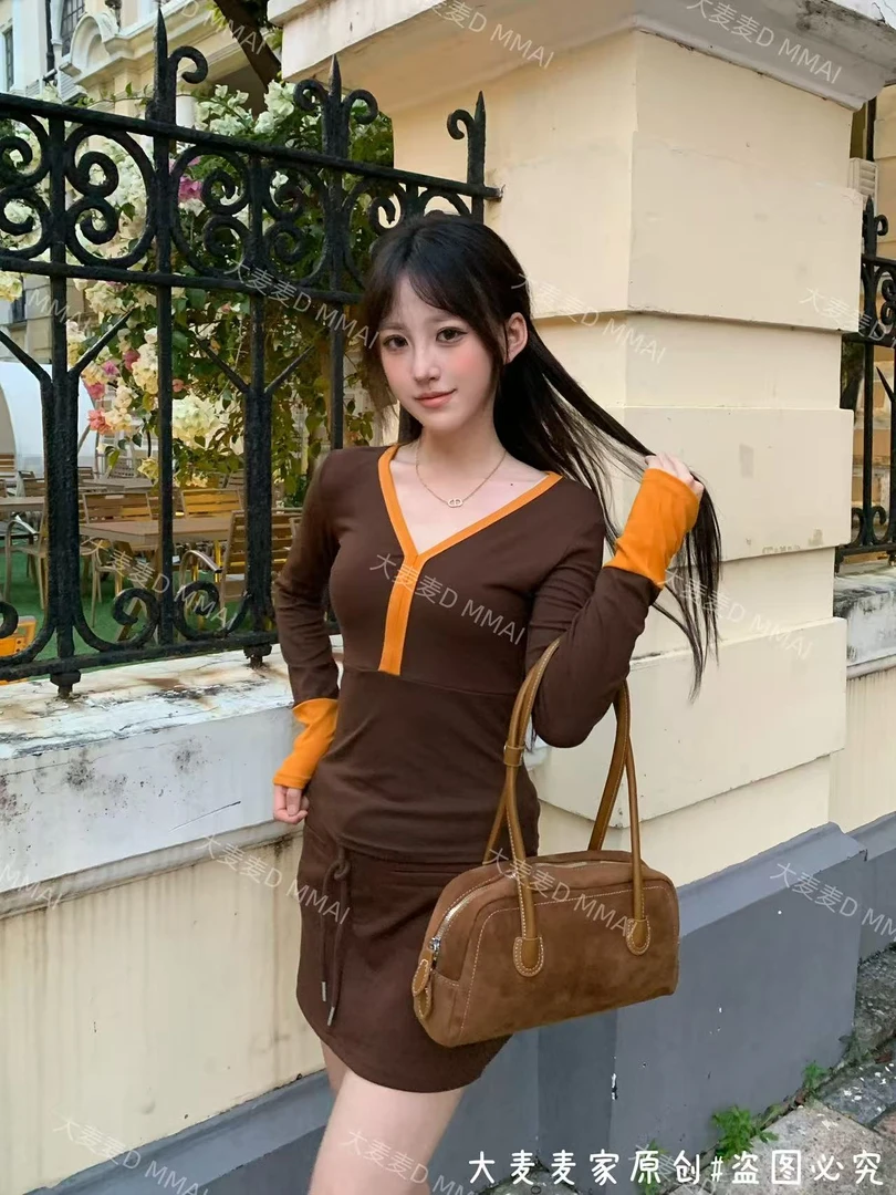 秋冬款撞色独特别致纯欲高弹性感小内搭打底女辣妹t恤上衣