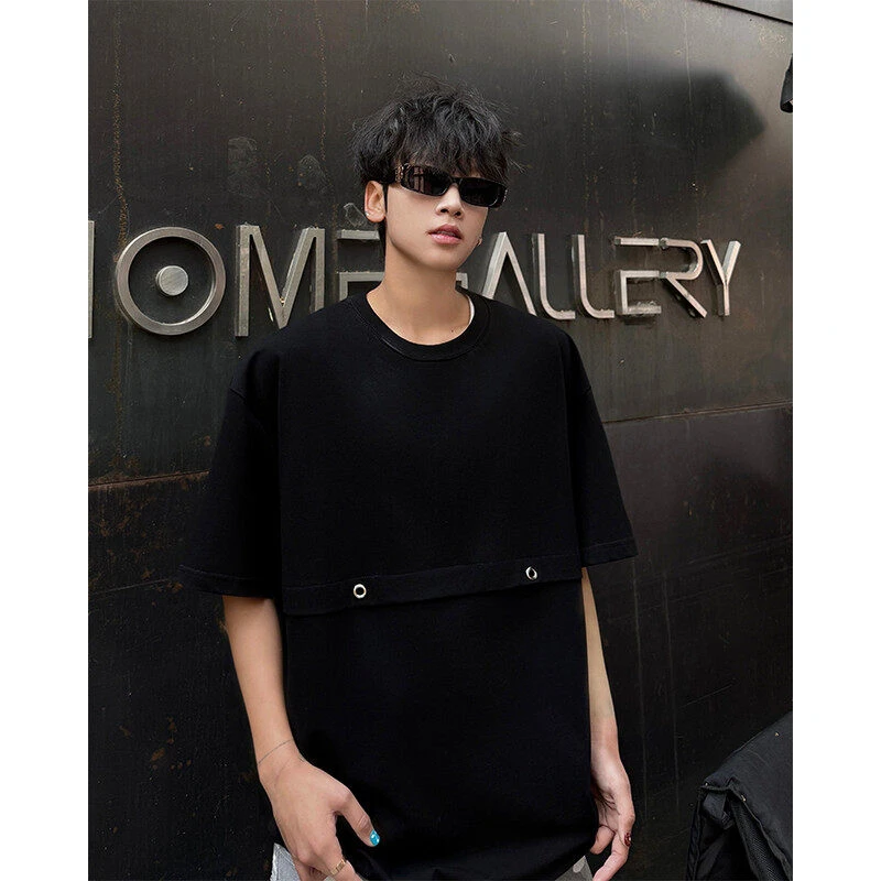 美式高街纯棉t恤短袖男夏季金属拼接五分袖潮牌百搭宽松半袖体恤