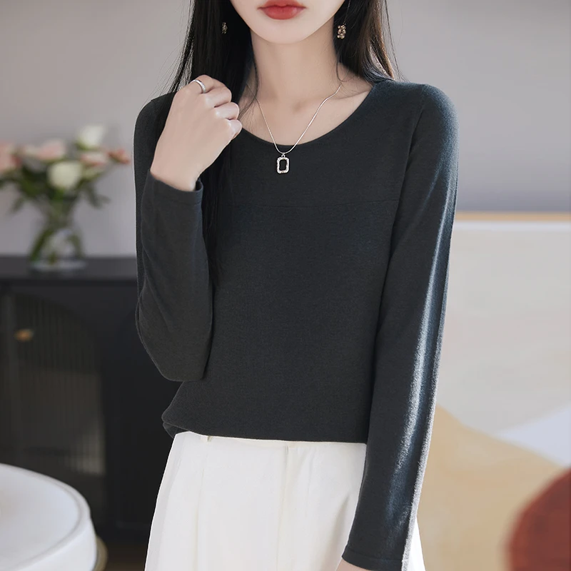 圆领针织衫女显瘦精细羊毛衫长袖薄款春秋大码针织打底衫套头毛衣