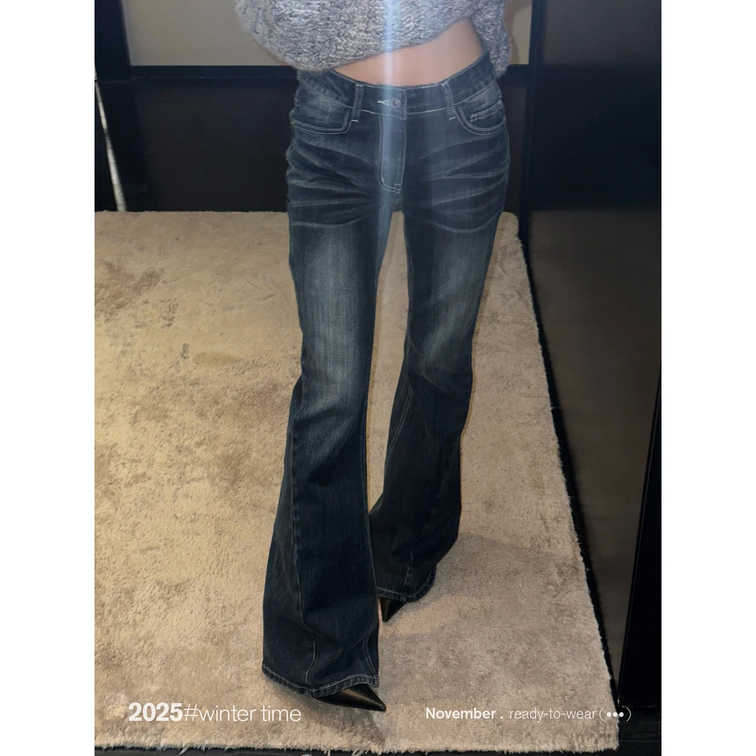 SUNONEONE 吉赛尔同款磨白猫须微喇牛仔裤女冬修身休闲裤子H1570K