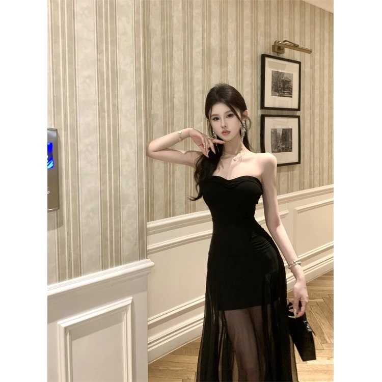 轻奢气质网纱拼接针织抹胸长裙女2025春季黑色A字修身显瘦连衣裙
