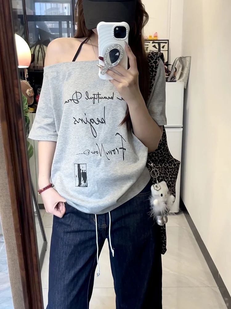 一字肩短袖宽松休闲显瘦上衣美式复古斜肩t恤女夏季字母印花内搭