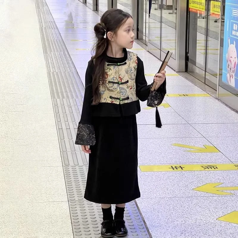 女童裙子儿童套装秋季新款春秋女大童新中式旗袍秋装千金风潮
