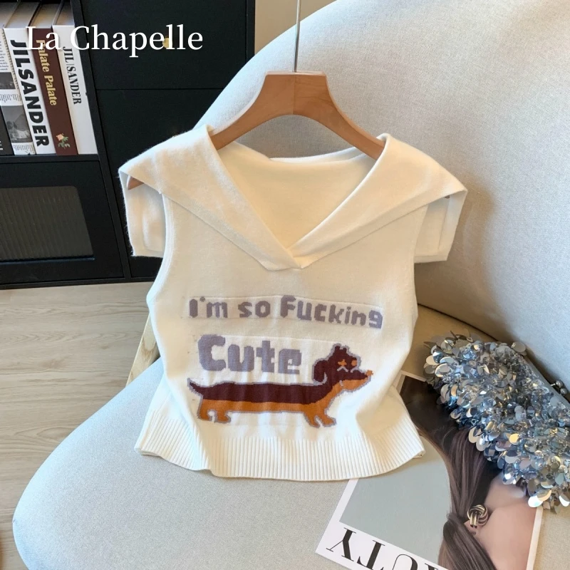 拉夏贝尔美式腊肠小狗印花无袖背心T恤女设计坎肩海军领短款上衣
