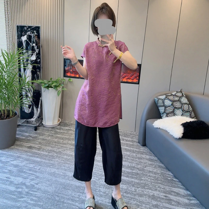 欧洲站新中式复古国风洋气夏季新款气质盘扣上衣搭配高腰裤子套装