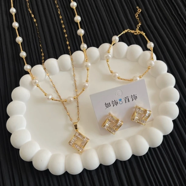 钛钢仿珍珠项链 如饰 方形双层链手工三件套百搭简约叠戴