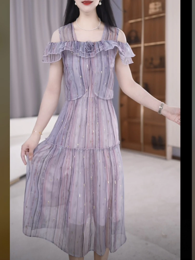 【连衣裙】2025夏季新款方领气质露肩洋气时尚显瘦中长款连衣裙