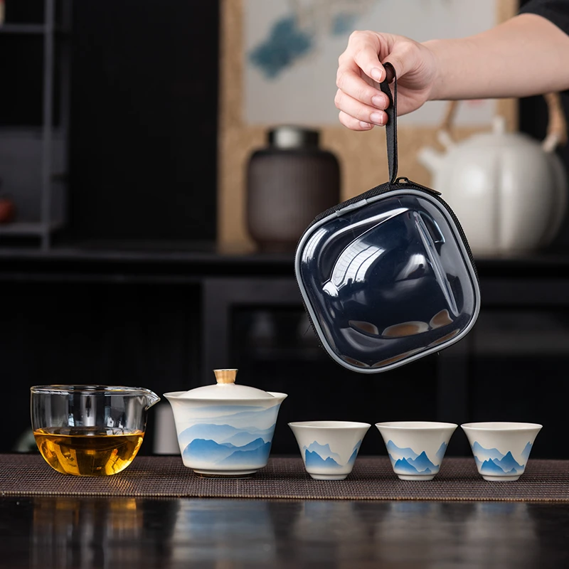 善简 当代 便携式旅行茶具快客杯陶瓷功夫茶壶户外泡茶具盖碗套装
