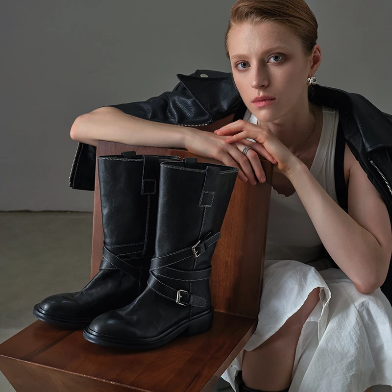 高定水洗牛皮废士风皮带扣中筒靴女西部靴时髦高筒长靴显瘦骑士靴