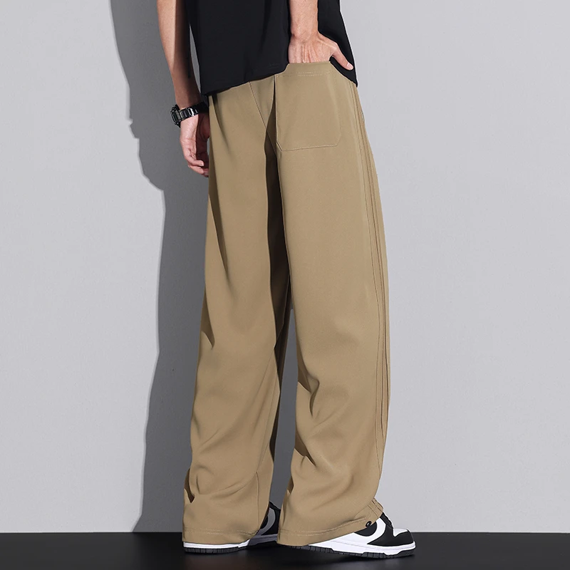 夏季潮流宽松运动冰丝裤子男士直筒薄款休闲裤美式阔腿青少年长裤