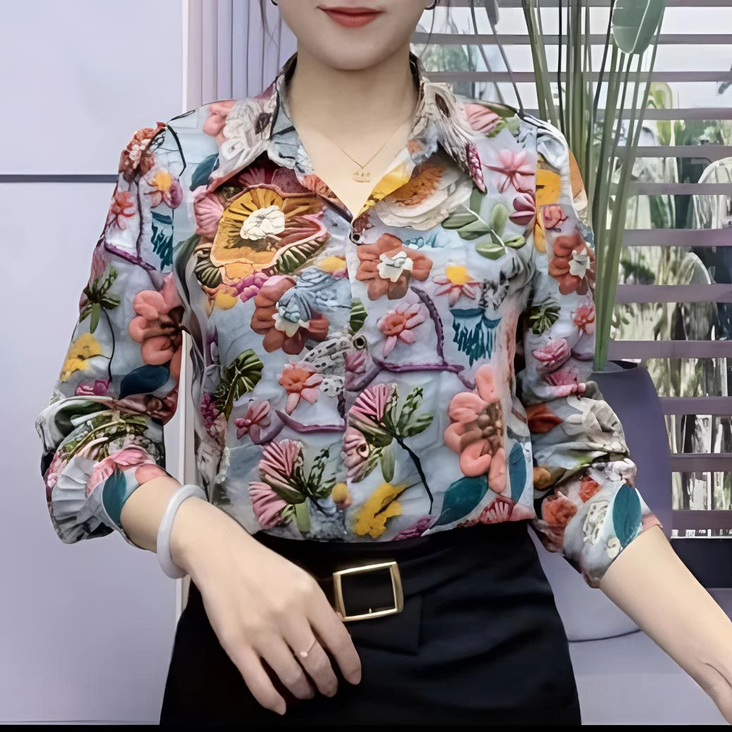 2025春季爆款印花靓丽女装时尚洋气显瘦遮肉气质减龄花衬衣衬衫