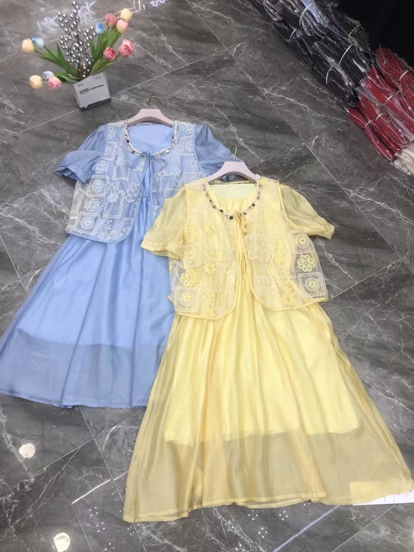 夏季新品两件套连衣裙大码女装收腰网纱显瘦裙子爆款胖妹妹连衣裙