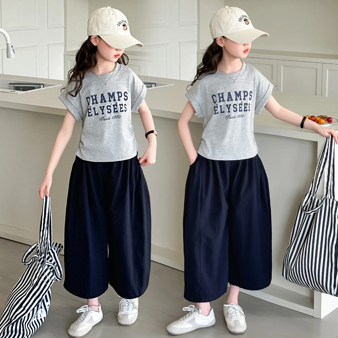 女童夏季裤裙套装2025新款时髦洋气短袖T恤女孩夏装阔腿裤两件套9
