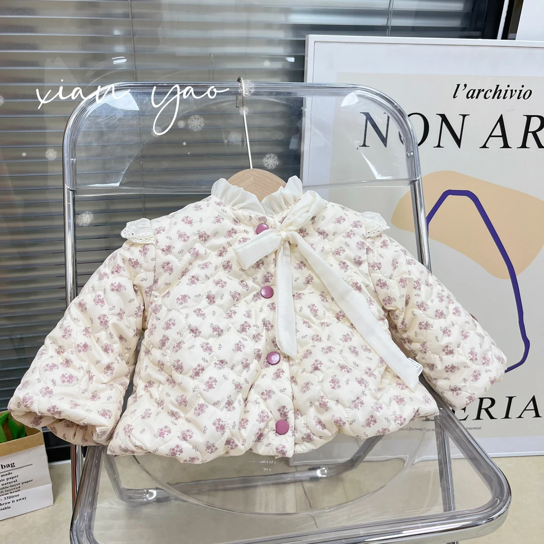 女童冬款2025紫色碎花蕾丝蝴蝶结洋气时尚保暖夹棉棉服ZY-J-D22