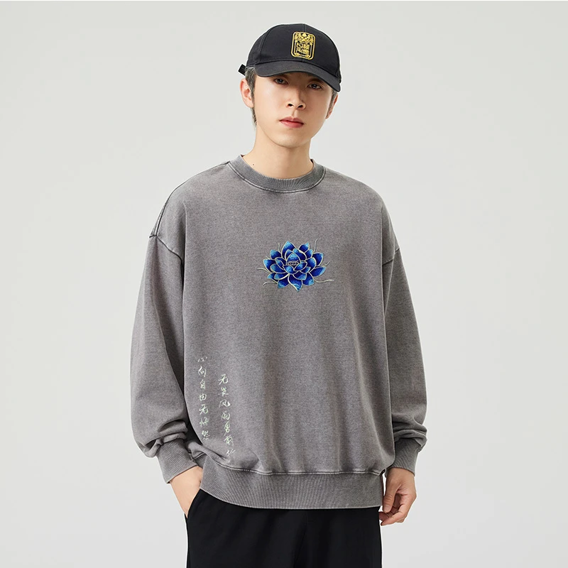 男士秋冬蓝莲花圆领刺绣长袖青年卫衣宽松休闲情侣套头打底衫320G