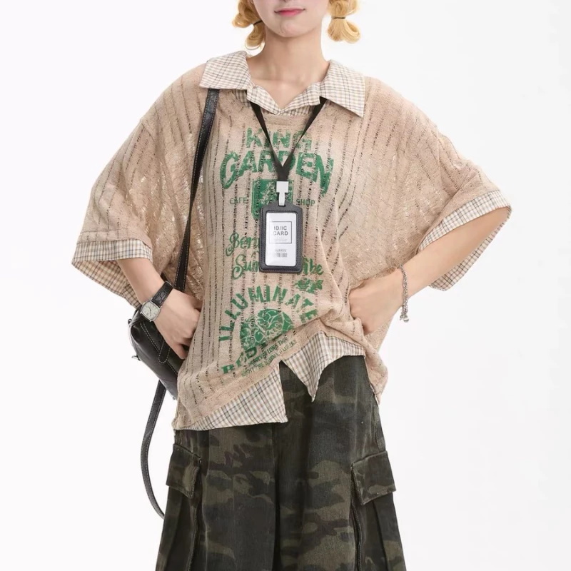美式复古假两件短袖T恤男女夏季宽松POLO领小众罩衫