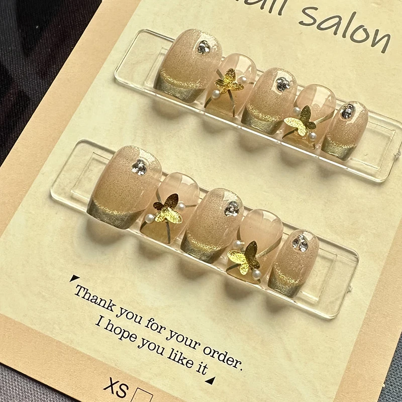 金蝶闪耀173#纯手工穿戴甲ins显白裸色半手工猫眼美甲假指甲