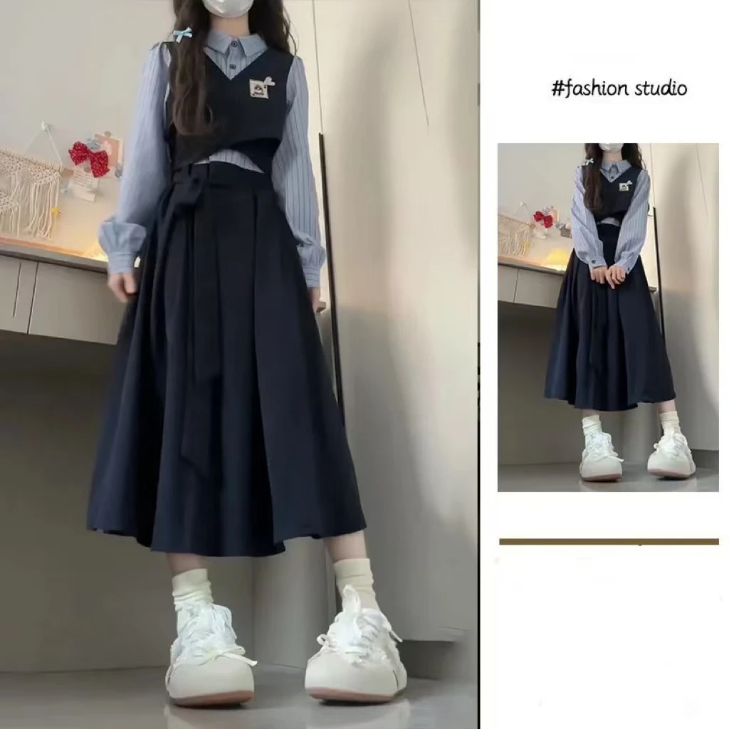 2025春季新款大码女装减龄甜美风学院风条纹拼接假两件连衣裙