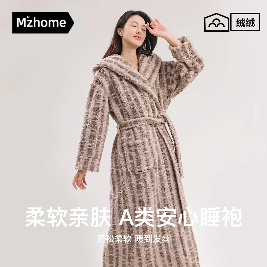 情侣睡袍冬天加绒保暖加厚浴袍连帽珊瑚绒睡衣秋冬长袍