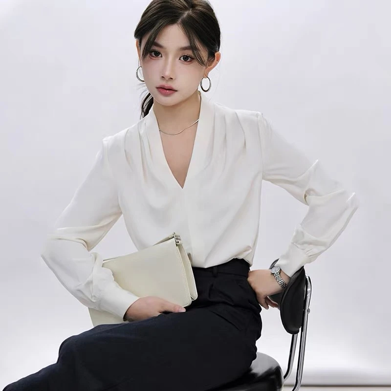 长袖V领褶皱常规款静奢显瘦衬衫韩版百搭衬衫春季高级感衬衣女