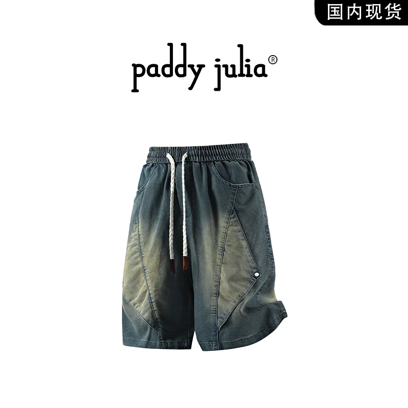 Paddy julia美式牛仔短裤男士夏季复古做旧渐变色薄款潮牌五分裤