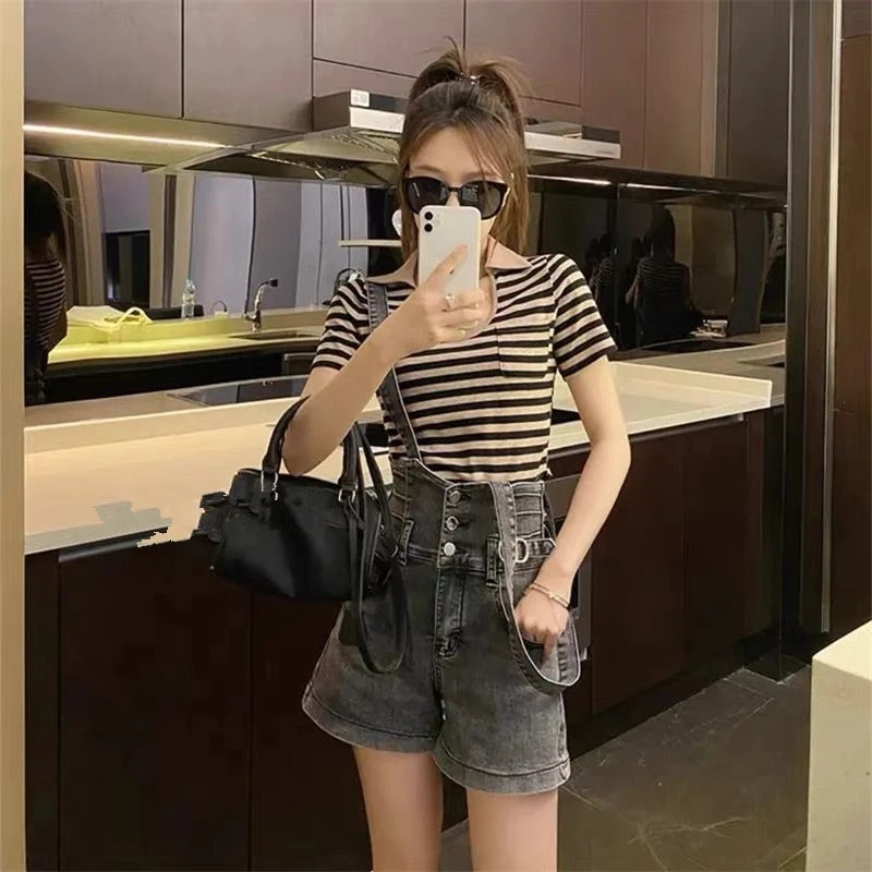 小个子时尚洋气条纹复古U领上衣+高腰百搭休闲排扣牛仔背带裤