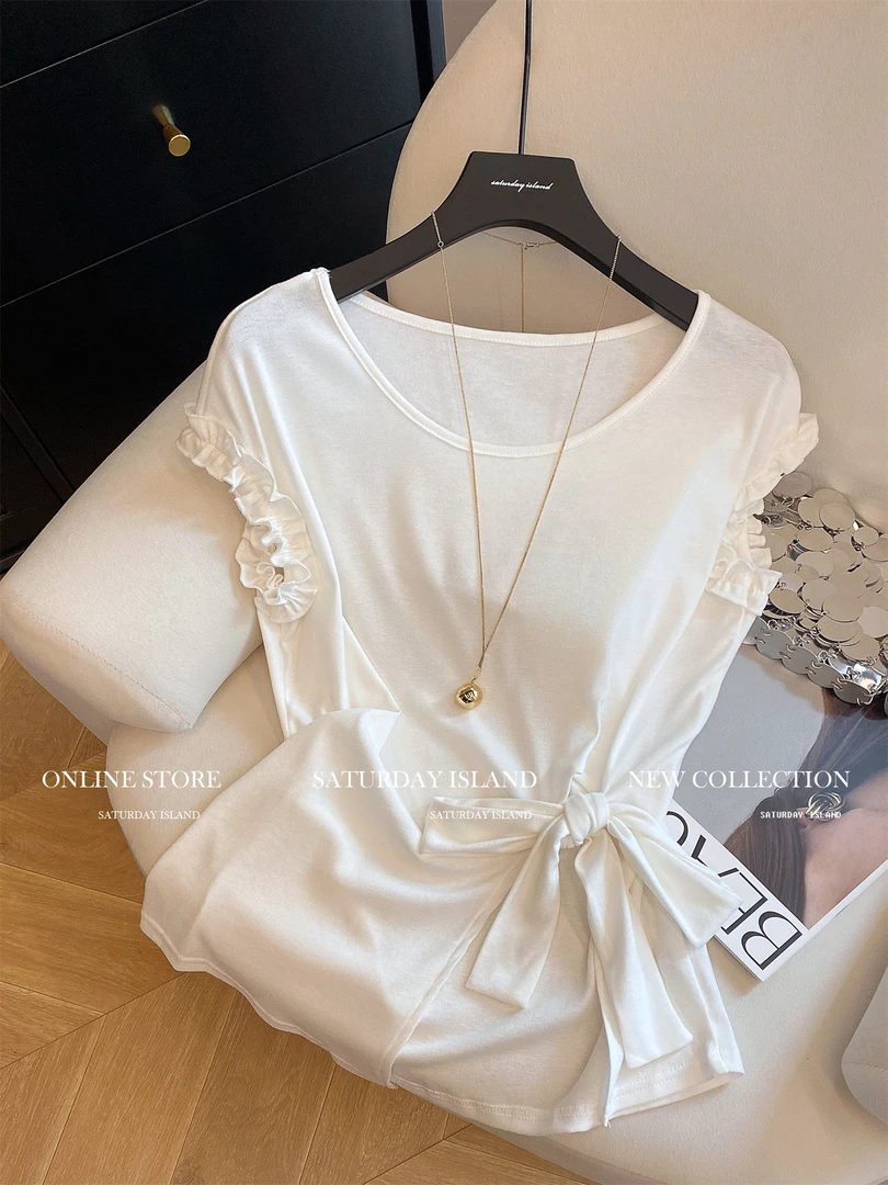 2025夏季新款白色褶皱木耳边拼接圆领短袖T恤女绑带收腰显瘦上衣