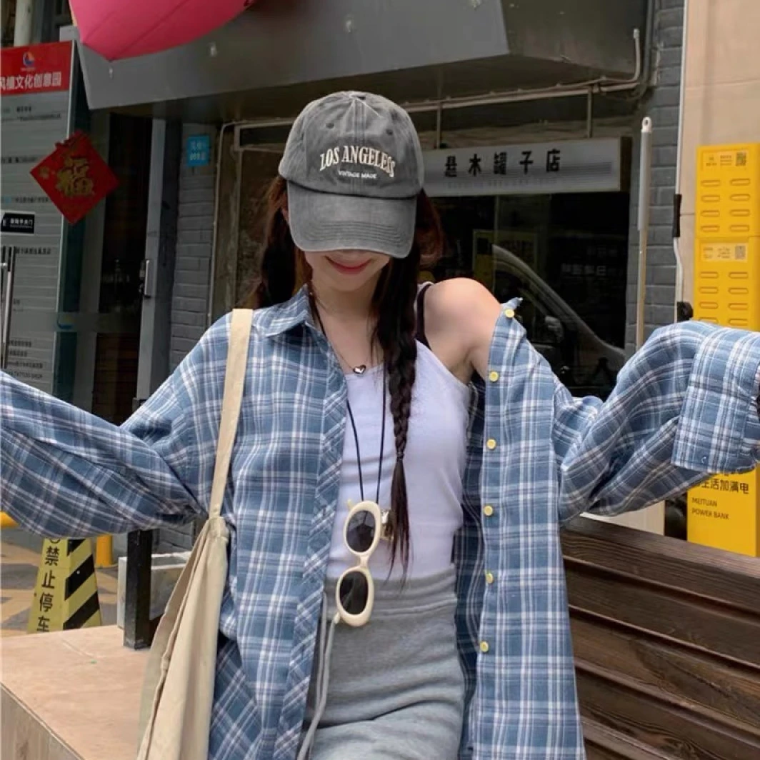 蓝色格子衬衫女2025新款春夏复古港味设计感衬衣宽松百搭上衣外套