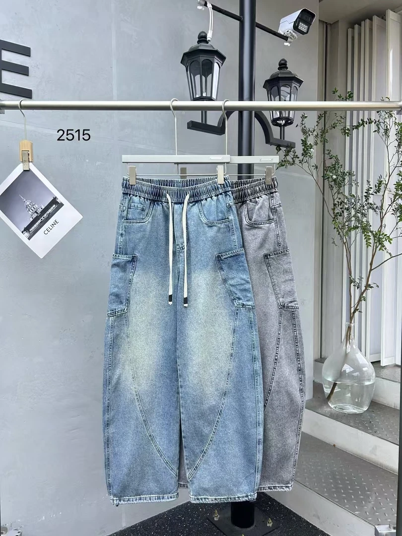 抽绳洗水牛仔裤子夏季买手款直筒潮流休闲2515