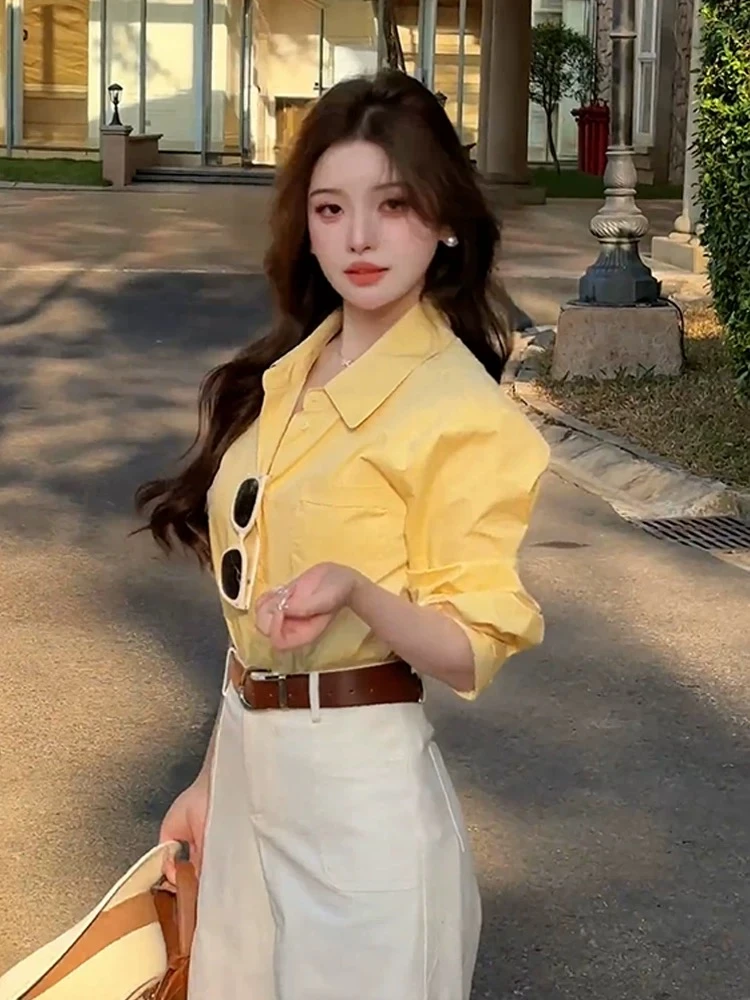 韩系氛围感多巴胺穿搭2025春季新款时尚洋气高级感超好看黄色衬衫