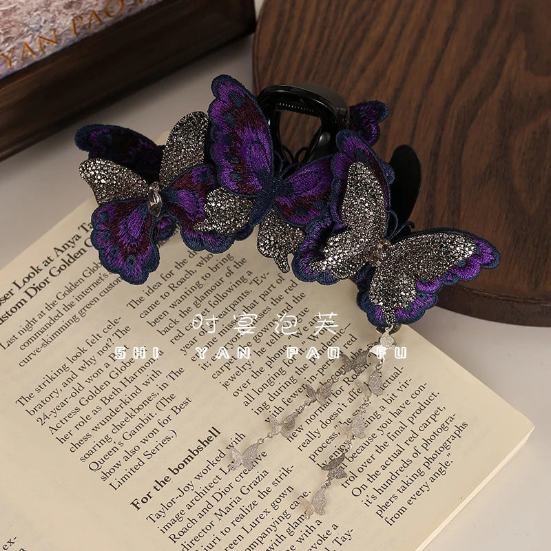 时宴泡芙蝶影流光百搭刺绣复古风田园风发夹名族风新中式超仙抓夹