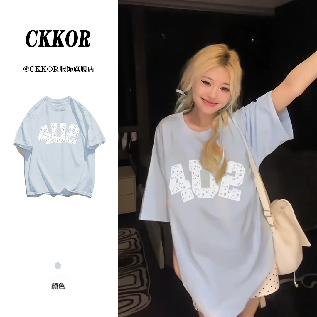 CKKOR夏季新款圆领宽松潮牌美式短袖上衣设计感小众百搭纯棉t恤女
