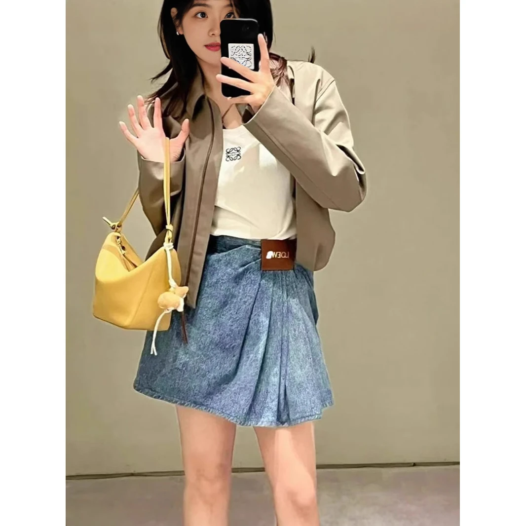 25春夏新款减龄时髦百搭显瘦高腰褶皱皮牌牛仔半裙【娜家衣柜】