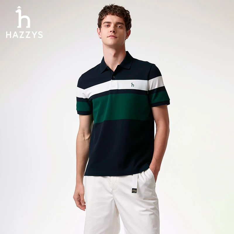 Hazzys哈吉斯男士Polo衫条纹拼色休闲运动时尚夏季翻领短袖T恤