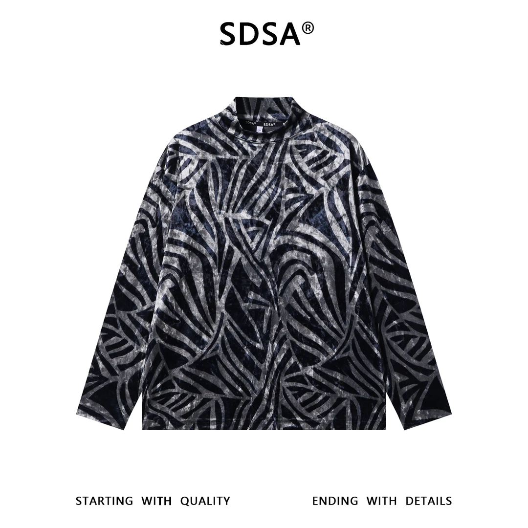 SDSA男士秋冬新款痞帅男装潮牌简约植绒撞色线条半高领长袖T恤