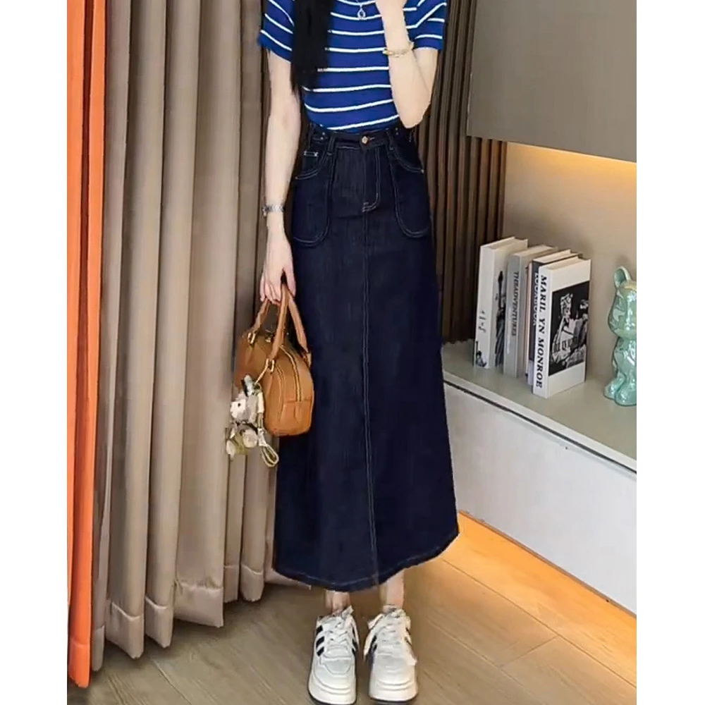 中长款单宁蓝色高腰a字包臀显瘦薄款夏小个子牛仔半身裙子女韩版