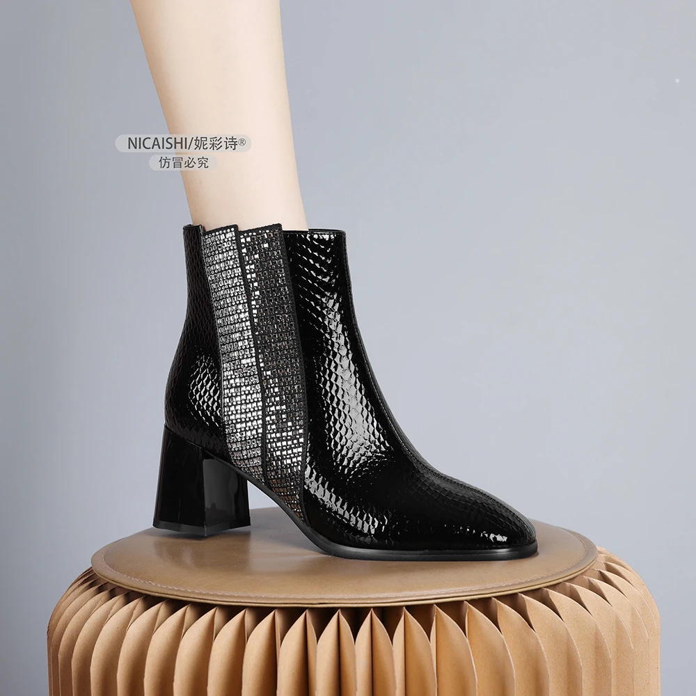 2024年新款欧美小个子洋气短靴黑色百搭中粗跟时尚加绒0521