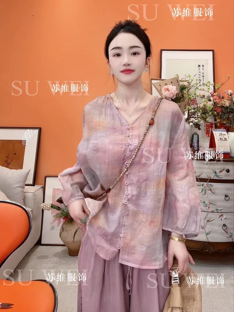 【烟雨朦胧】253苎麻法式V领碎花小衫气质典雅上衣