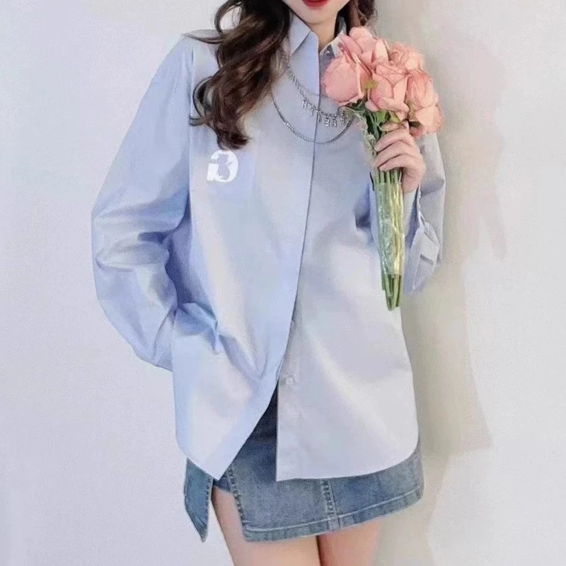 【商场同款】2025春秋新款口袋烫钻长袖白色百搭宽松时尚长袖衬衣