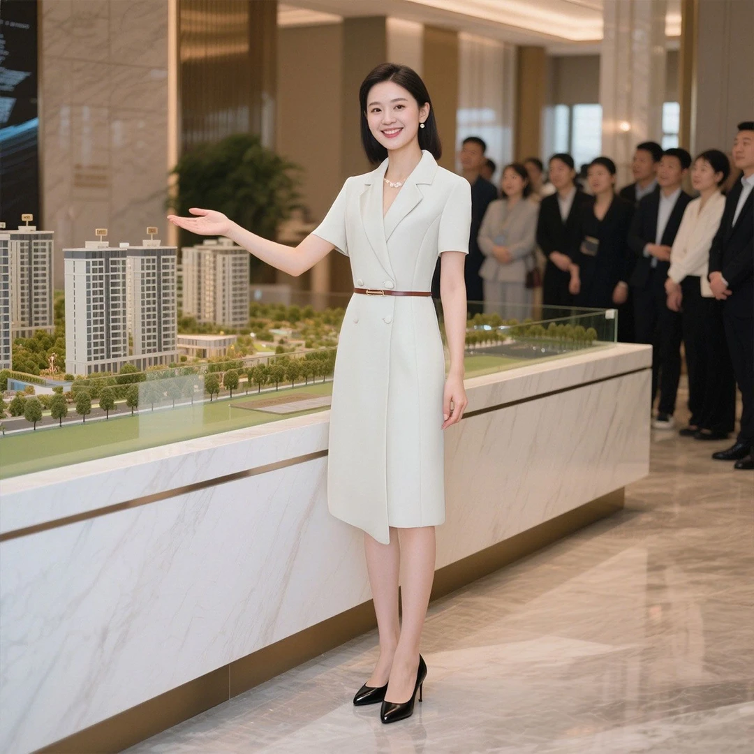 米色短袖西装连衣裙女夏季薄款售楼处导购职业正装前台接待工作服