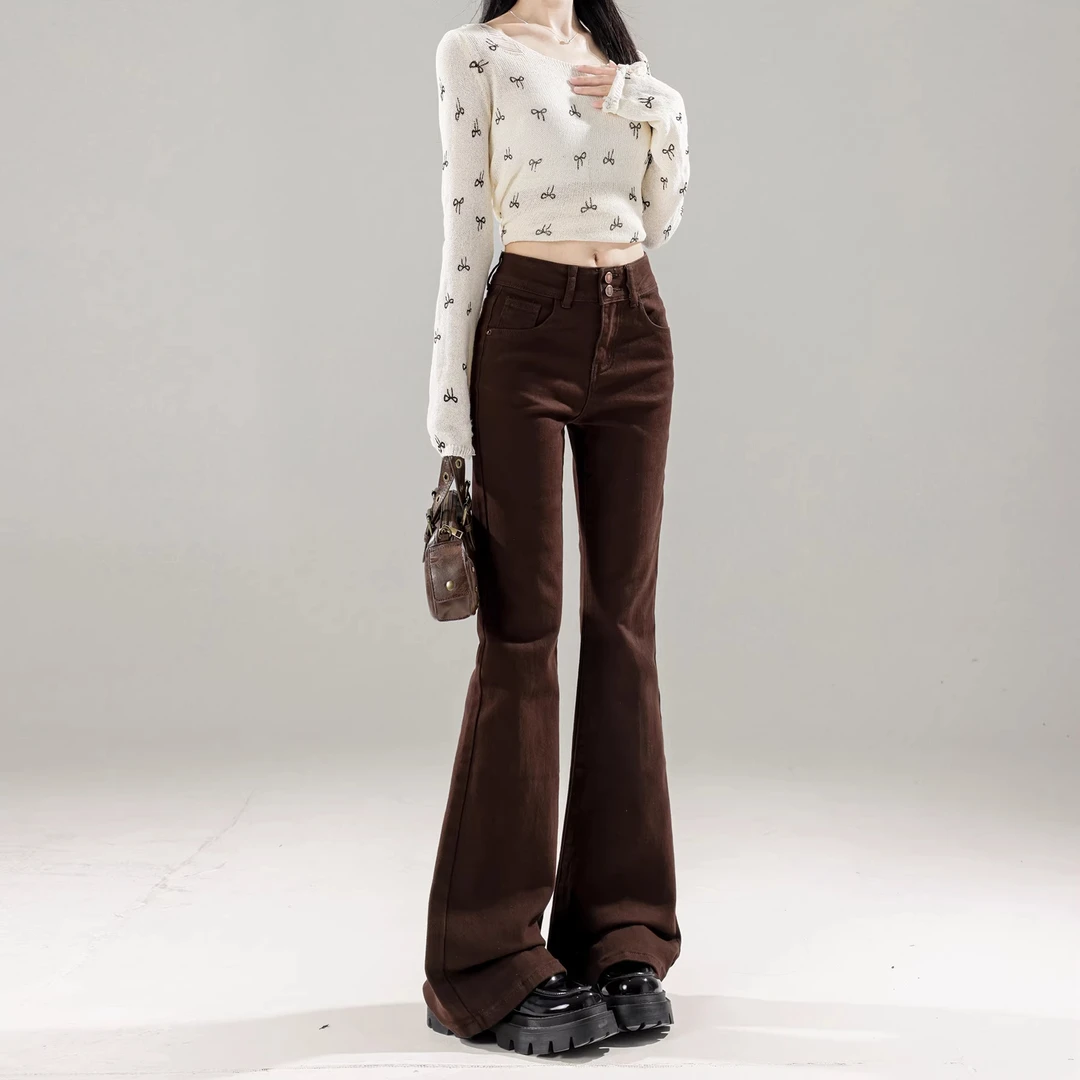美拉德咖啡色微喇牛仔裤女2025秋季新款高腰修身微弹显瘦喇叭裤子