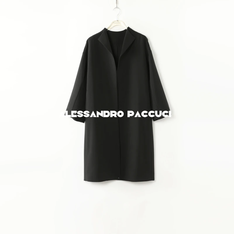 AP洛哥44018FY【黑标/诺语】绵羊毛+桑蚕丝翻领蝴蝶结纯色极简风衣