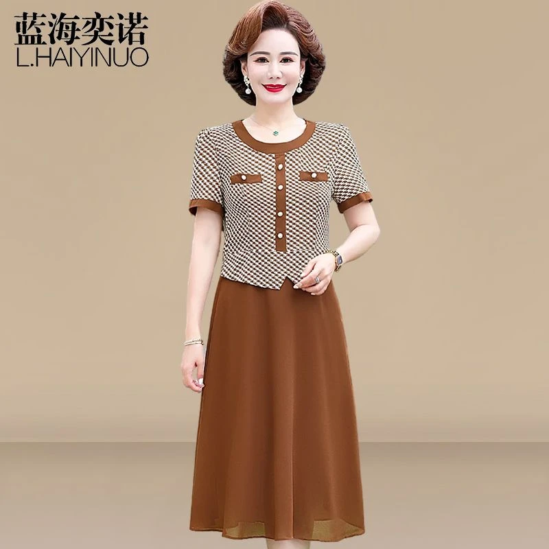 蓝海奕诺妈妈夏装连衣裙短袖假两件2025新款中老年女洋气雪纺裙子
