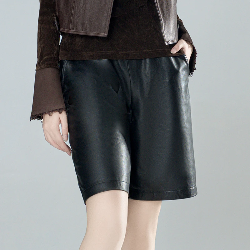 （朝辉）绵羊皮真皮全松紧高腰宽松时尚休闲百搭五分裤-61507