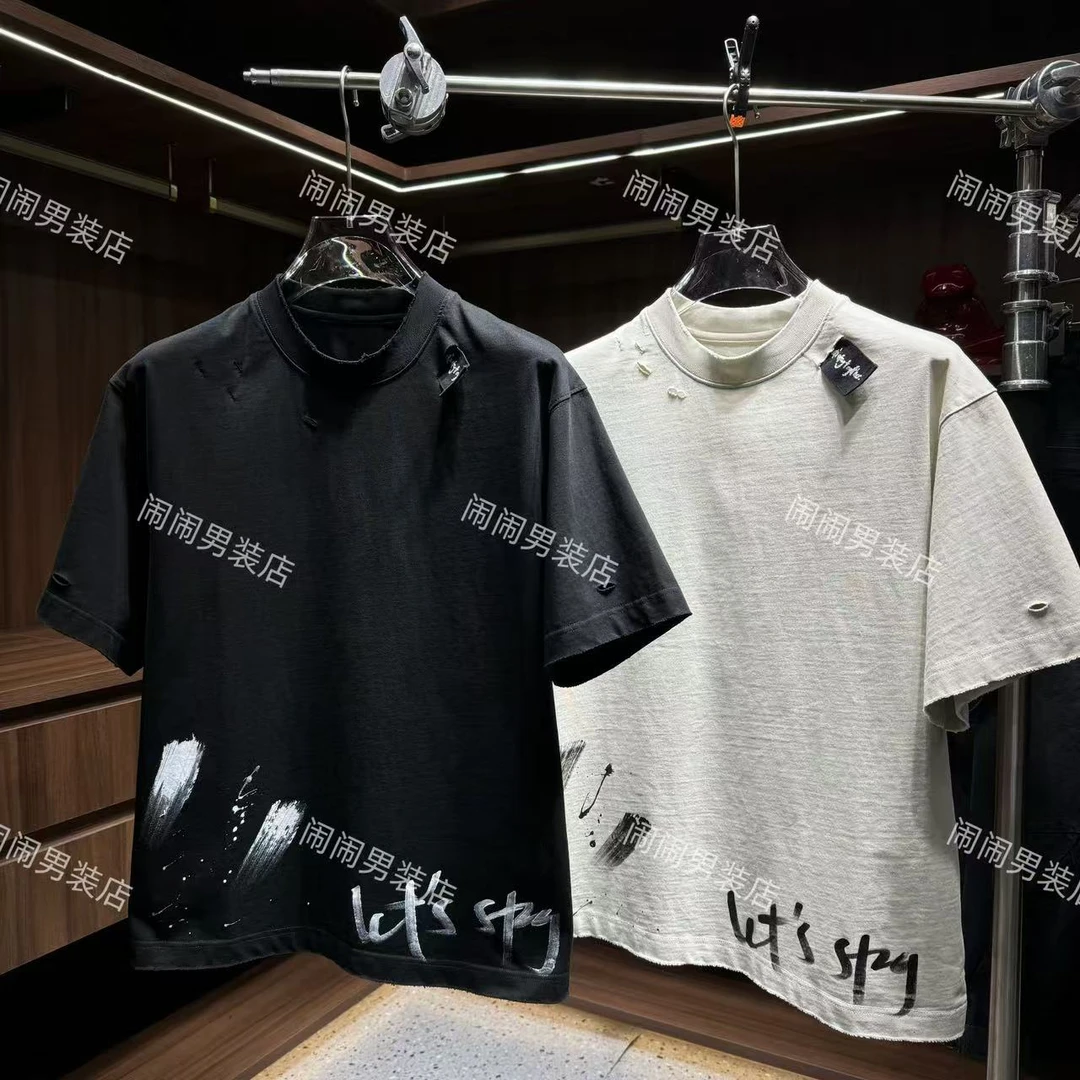 5025夏季新款重磅水洗磨破手绘油漆工艺设计高级感情侣短袖