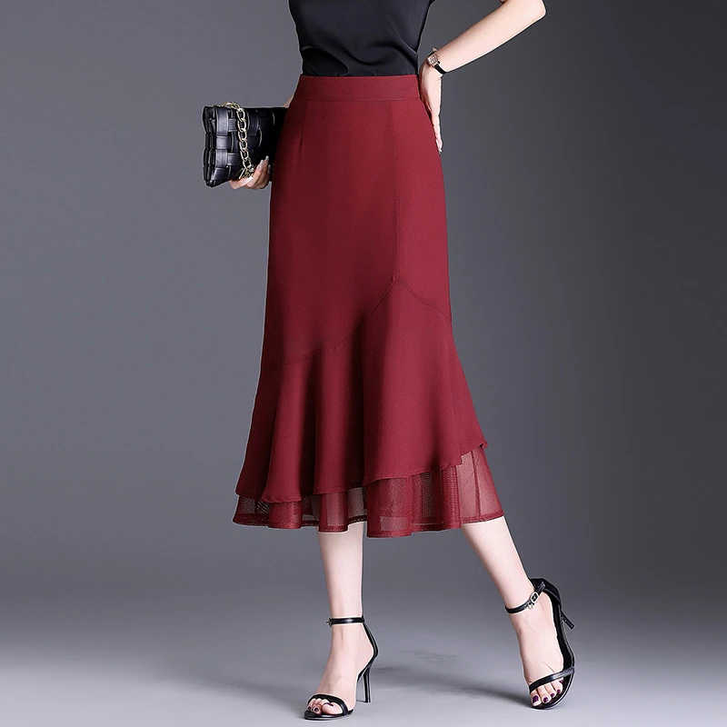 鱼尾裙女裙小个子2025新款气质网纱边裙子雪纺包臀裙半身裙女夏季