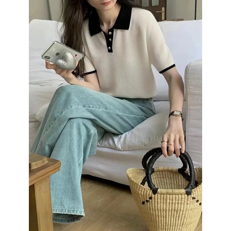 【米白色】3678超柔软高品质POLO领半开针织上衣